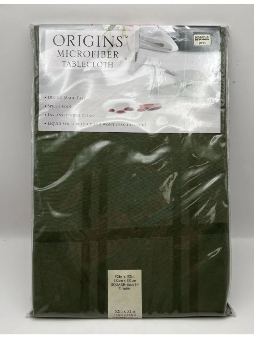 Origins Microfiber Tablecloth 52 Inch Square Sage Green Spill-Proof Dining
